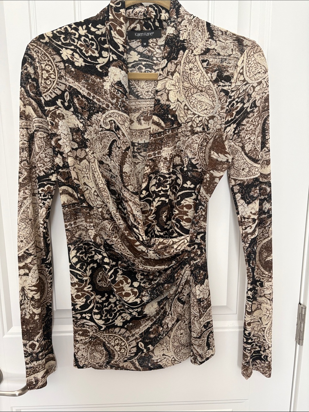 Karen Kane Medium Paisley Cowl Neck Ruched Stretch Top Brown Black